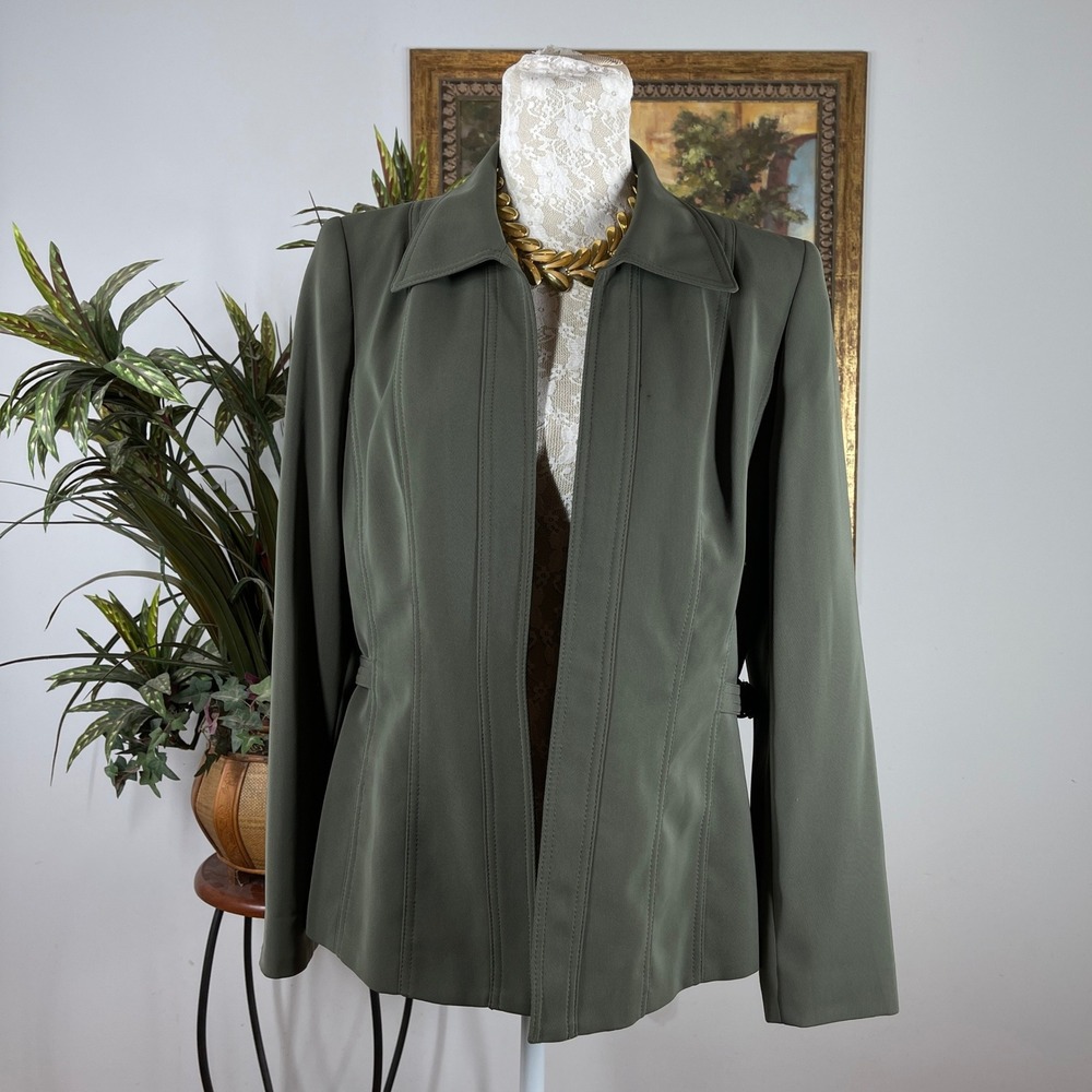 Kasper Open Front Jacket Women 10 Olive Green Polyester Tailored Buckle Back